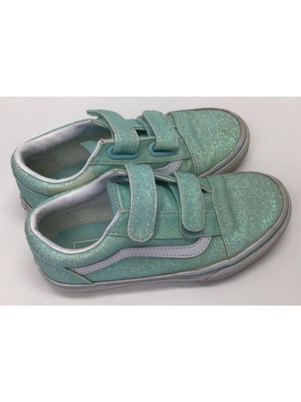 Vans Girls Old Skool V Sneakers Glitter Green Hook And Loop Kids Size 13.5 Shoes